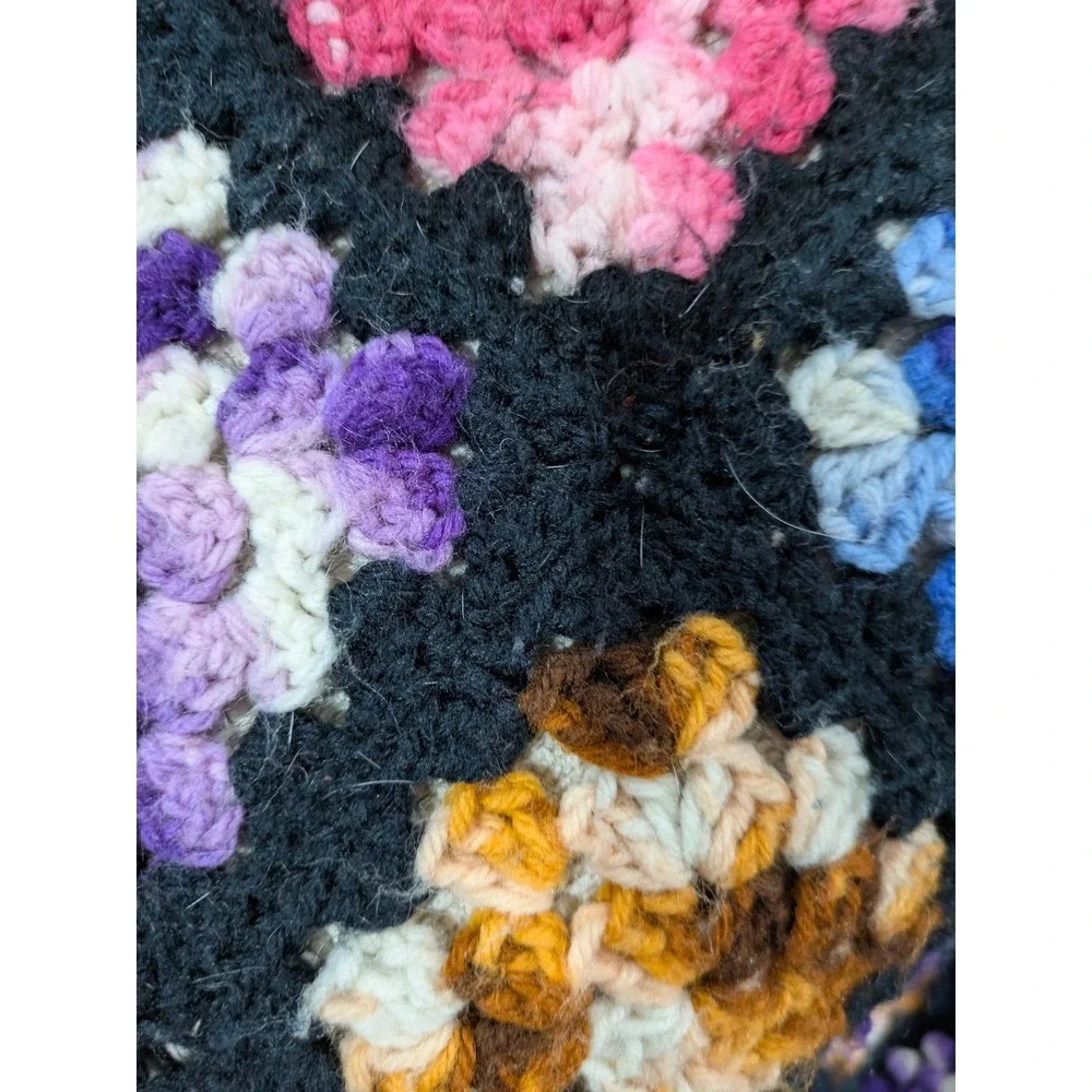 Vintage Handmade Crochet Granny Square Afghan Blanket Black‎ Multi Large Throw